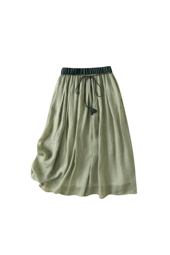 Women's Cotton Linen Skirts Drawstring High Waist Skirts Plain Layered A-Line Flared Flowy Midi Long Skirts