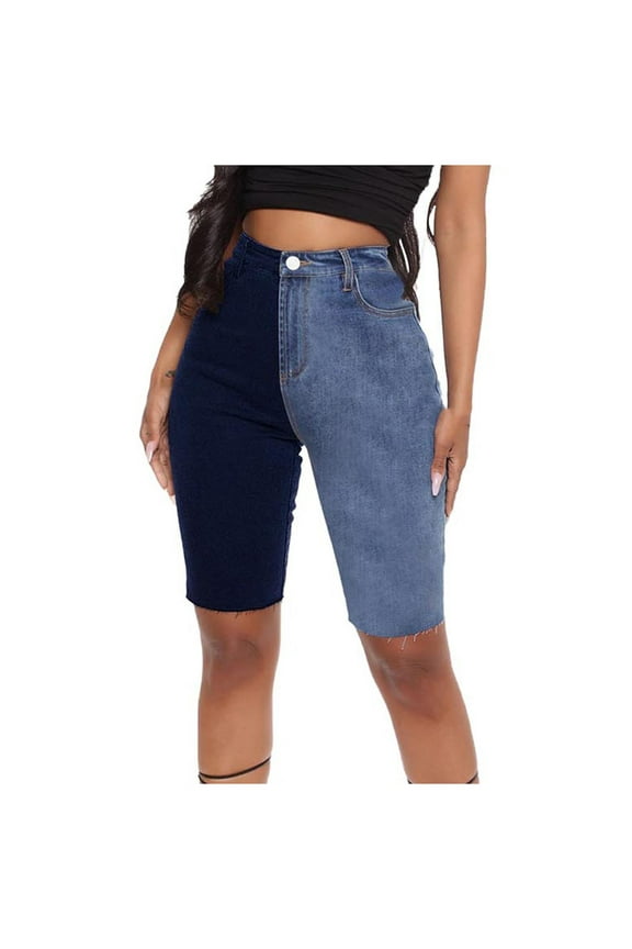 Women's Denim Shorts High Waist Solid Color Patchwork Stretchy Bermuda Shorts Jeans