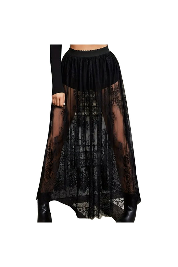 Women's Elastic High Waist Maxi Skirt Lace A Line Long Skirt with Inner Shorts Ankle Mesh Elegant Long Skirts