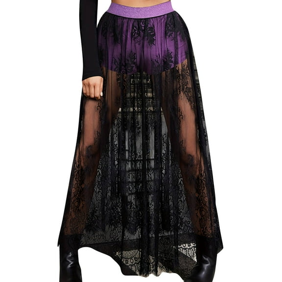 EINCcm Women's Elastic High Waist Maxi Skirt Lace A Line Long Skirt with Inner Shorts Ankle Mesh Elegant Long Skirts