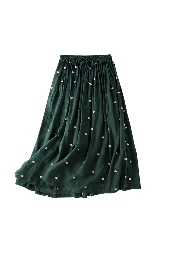 Women's Elegant Polka Dot A-Line Skirt Boho Swing Pleated Linen Cotton Midi Long Skirt Elastic Waist Long Skirts