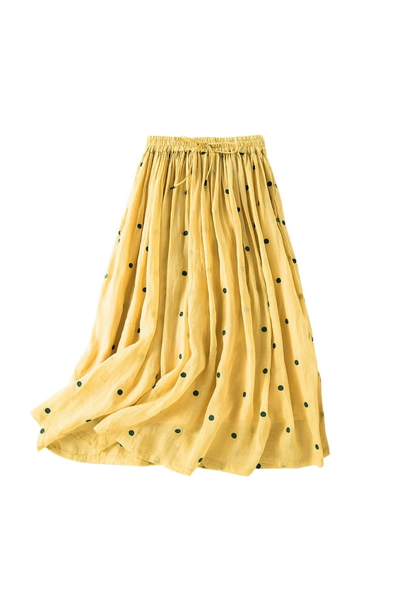 Women's Elegant Polka Dot A-Line Skirt Boho Swing Pleated Linen Cotton Midi Long Skirt Elastic Waist Long Skirts