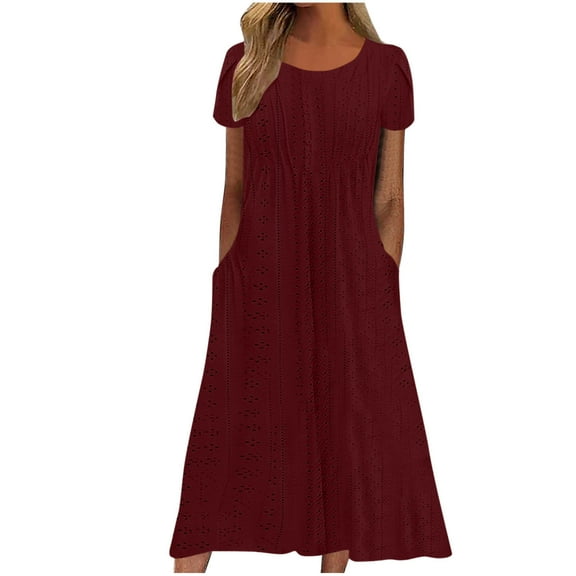 EINCcm Women's Eyelet Dresses Short Sleeve Maxi Dresses Casual Long Dress Summer Crewneck A Line Boho Sundress with Pockets