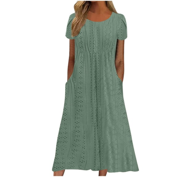 EINCcm Women's Eyelet Dresses Short Sleeve Maxi Dresses Casual Long Dress Summer Crewneck A Line Boho Sundress with Pockets