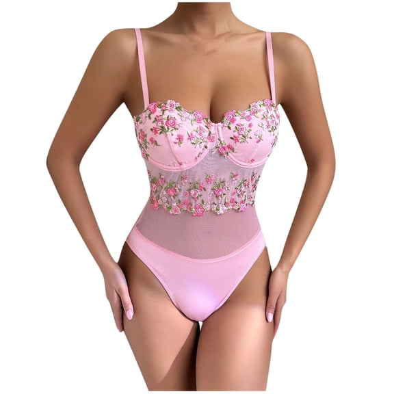 EINCcm Women's Floral Lace Sheer Mesh Corset Bodysuit Spaghetti Strap Cami Corset Bodysuit Tops
