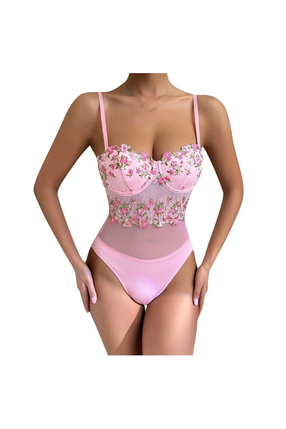 Women's Floral Lace Sheer Mesh Corset Bodysuit Spaghetti Strap Cami Corset Bodysuit Tops