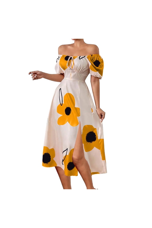 Women's Flower Print Puff Short Sleeve Square Neck A Line Maxi Dress Tie Front Slit Milkmaid Dress