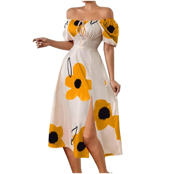 EINCcm Women's Flower Print Puff Short Sleeve Square Neck A Line Maxi Dress Tie Front Slit Milkmaid Dress