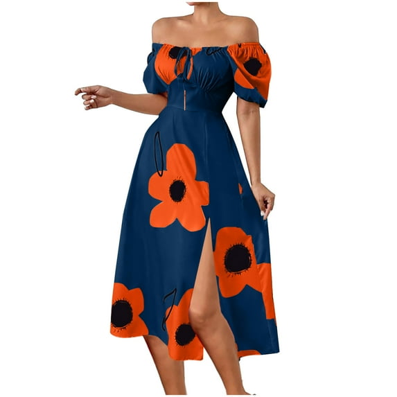 EINCcm Women's Flower Print Puff Short Sleeve Square Neck A Line Maxi Dress Tie Front Slit Milkmaid Dress