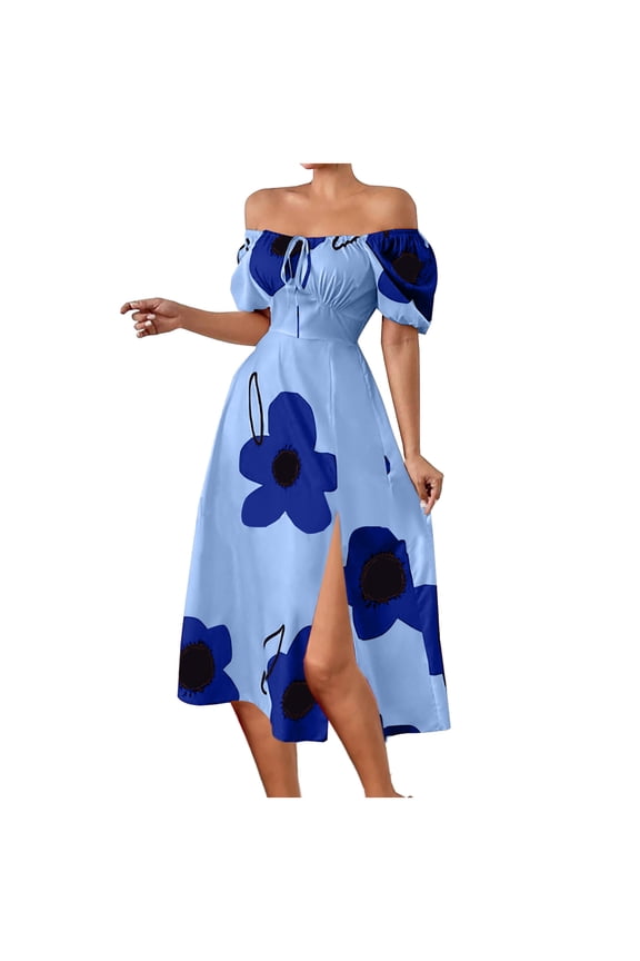 Women's Flower Print Puff Short Sleeve Square Neck A Line Maxi Dress Tie Front Slit Milkmaid Dress