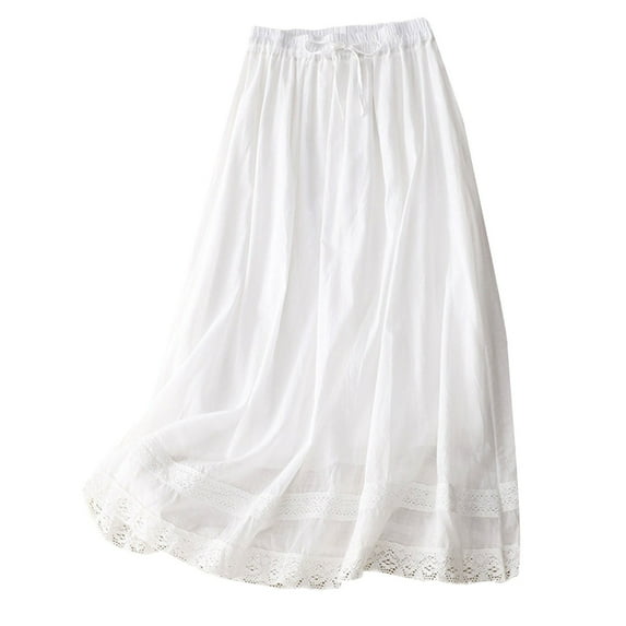 EINCcm Women's Lace Cotton Linen Skirt Drawstring Waist A Line Beach Embroidered Flowy Long Skirts