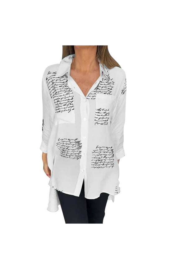 Women's Letter Print Fashion Lapel Shirt Long Sleeve Print Button Down Shirts