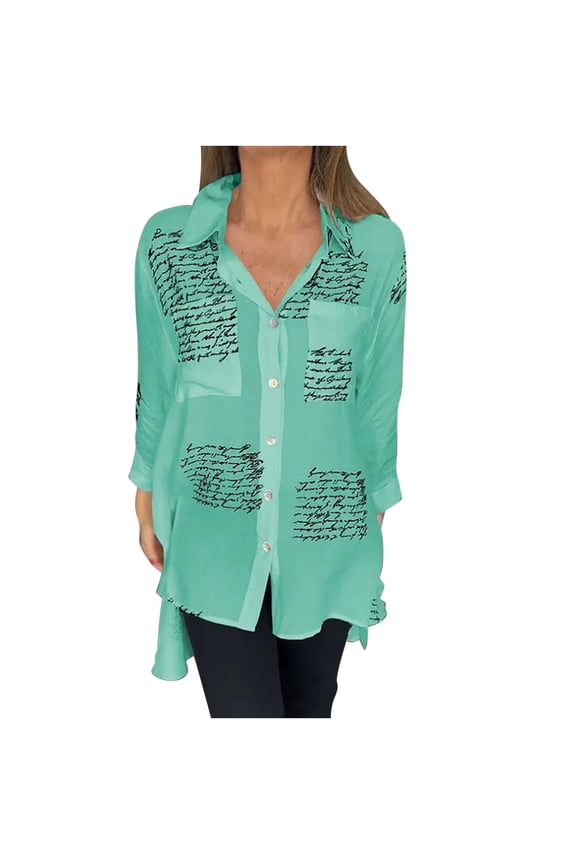Women's Letter Print Fashion Lapel Shirt Long Sleeve Print Button Down Shirts