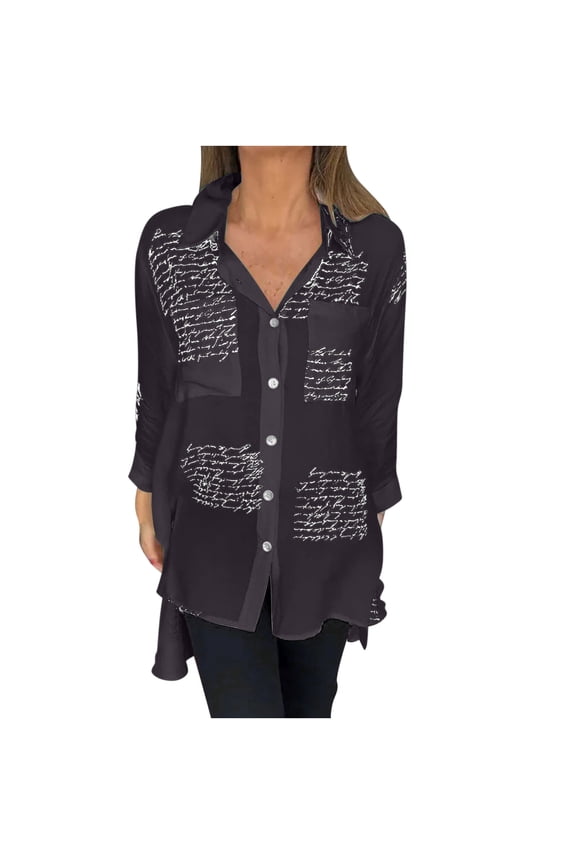Women's Letter Print Fashion Lapel Shirt Long Sleeve Print Button Down Shirts