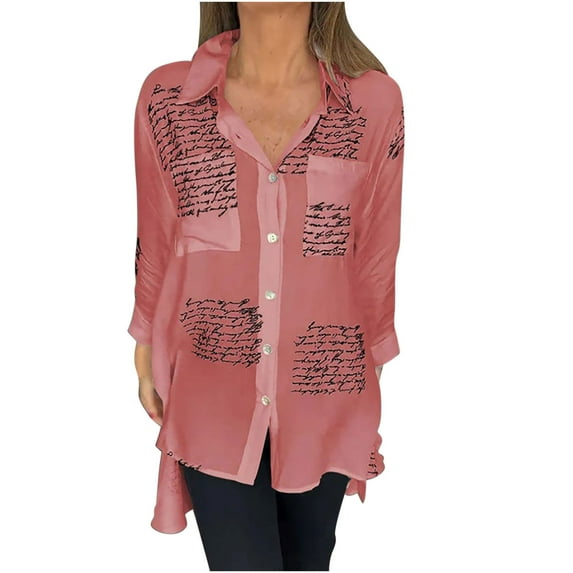 EINCcm Women's Letter Print Fashion Lapel Shirt Long Sleeve Print Button Down Shirts