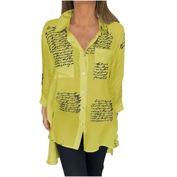 EINCcm Women's Letter Print Fashion Lapel Shirt Long Sleeve Print Button Down Shirts