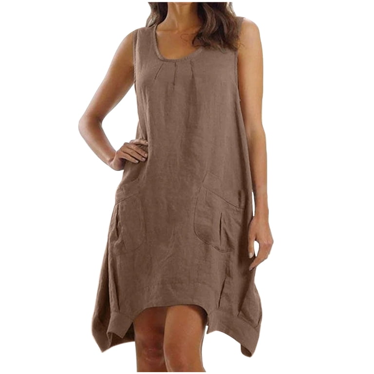 tank top dress loose Einccm Women's Linen Cotton Tank Top Dress 2024 Summer Plus Size Scoop Neck Sleeveless Loose Irregular Hem A Line Mini Dress with Pocket, Size: 5XL,