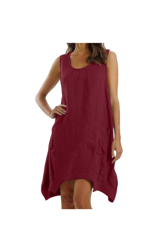 Women's Linen Cotton Tank Top Dress 2024 Summer Plus Size Scoop Neck Sleeveless Loose Irregular Hem A Line Mini Dress with Pocket