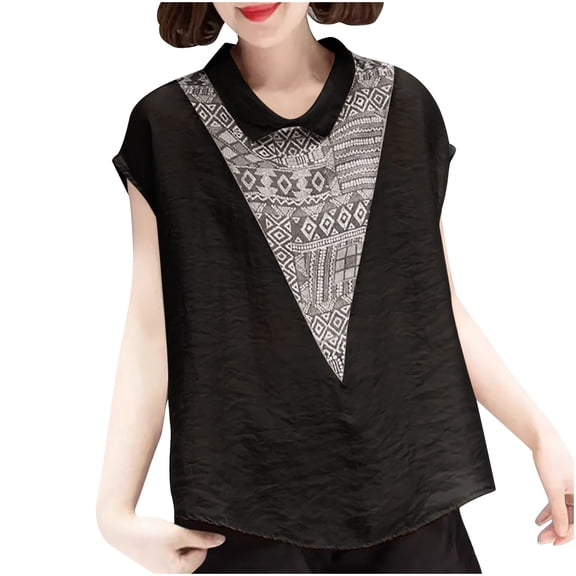 EINCcm Women's Linen Shirts Summer Boho Tops Cotton Blouse Collar Neck Short Sleeve Tunic