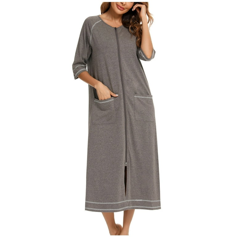 EINCcm Women s Long Housecoat Full Zipper Robes 3 4 Sleeve Full Length Housecoat with Pockets Bathrobes Lightweight