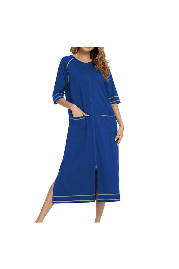 Women's Long Housecoat Full Zipper Robes 3/4 Sleeve Full Length Housecoat with Pockets Bathrobes Lightweight