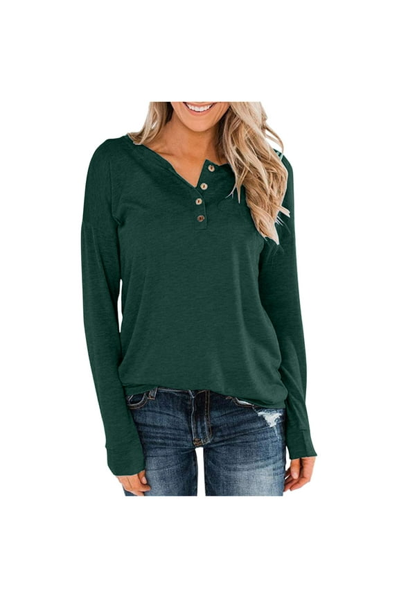 Women's Long Sleeve Henley Tops Pullover with Buttons Casual Loose Fit V-Neck Tunics Blouse Top