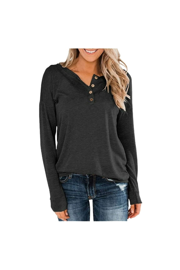 Women's Long Sleeve Henley Tops Pullover with Buttons Casual Loose Fit V-Neck Tunics Blouse Top
