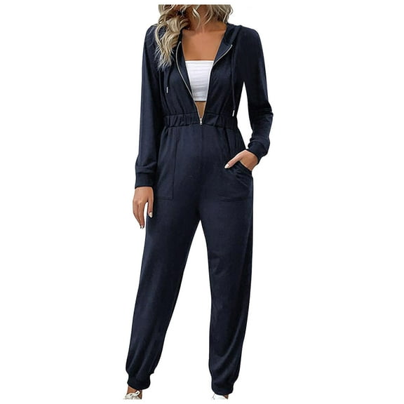 EINCcm Women's Long Sleeve Jumpsuits Zip Up Casual Drawstring Hooded Jumpsuit Pants Romper with Pockets