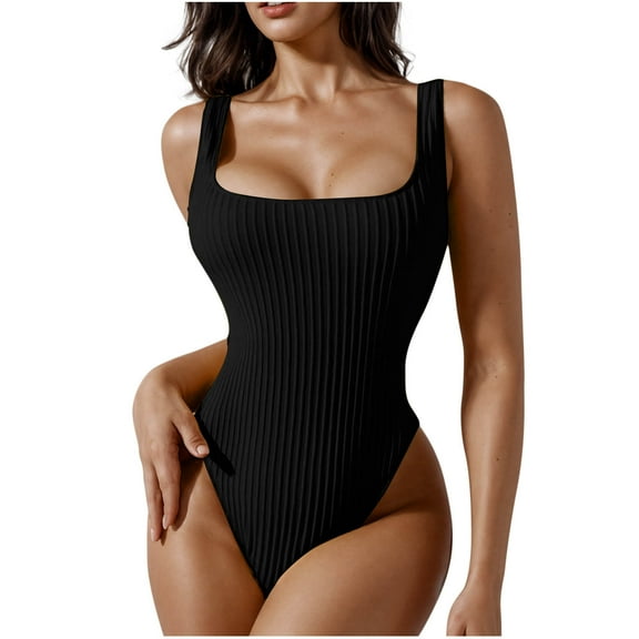 EINCcm Women's One Piece Swimsuit Square Neck Slimming Bathing Suit High Cut Cheeky Swimwear Backless Adjustable Strap Ribbed Bathing Suit