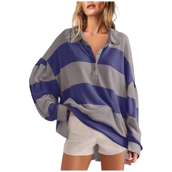EINCcm Women’s Oversized Striped Polo Sweatshirt Long Sleeve V Neck Lapel Collared Polo Shirts 2024 Fall Pullover Tops