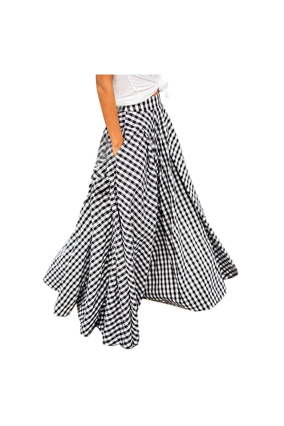 Women's Plus Size Plaid Maxi Skirt with Pockets Casual Elegant High Waist Flared Flowy Long Floor Skirt