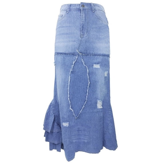 EINCcm Women's Retro Denim Skirts Exposure Button Zipper-Fly Full Length A-Line Fishtail Maxi Long Washed Denim Jean Skirt Split Hem Skirts