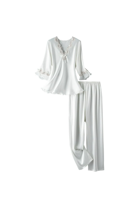 Women's Satin Pajama Set Lace Trim 3/4 Sleeve 2 Piece Pj V Neck Sleepwear Pants Ruffle Tie Bow Decor Nightwear