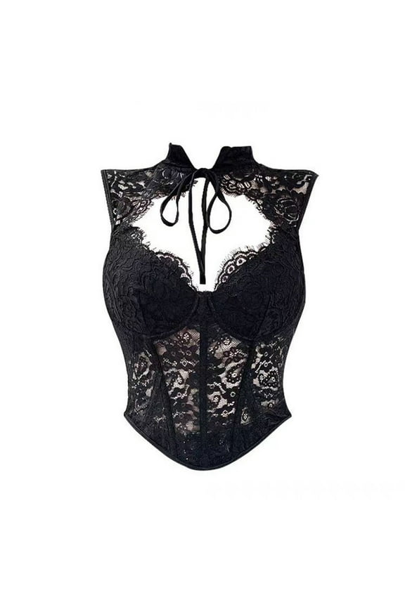 Women's Sexy Lace V Neck Top Boned Sleeveless Underbust Corset Bustier Lace Up Waist Cinching Corset