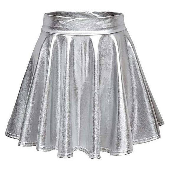 EINCcm Women's Shiny Metallic Wet Look Stretch Flare Mini Skater Skirt Sparkly Shiny Flared Pleated A-Line Mini Skort
