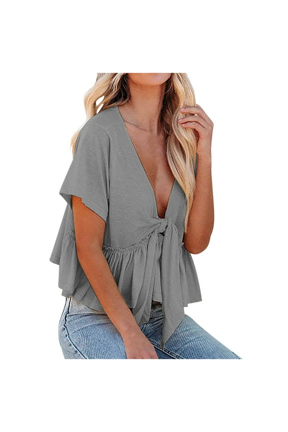 Women's Short Sleeve Low Cut V Neck Blouses Ruffle Hem Tie Front Crop Tops Lightweight Basic Summer Tops
