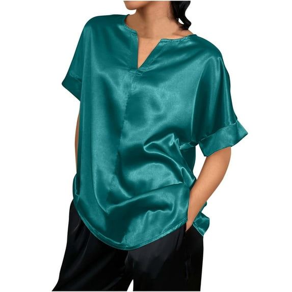 EINCcm Women's Short Sleeve Pullover Blouses Satin Silk Tshirts V Neck Casual Loose Elegant Work Tops