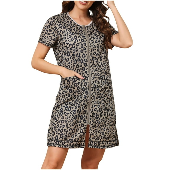 EINCcm Women's Short Sleeve Robe Summer Full Zipper House Coat Leopard Comfy Soft Lightweight Zip Up Duster Robe with Pockets