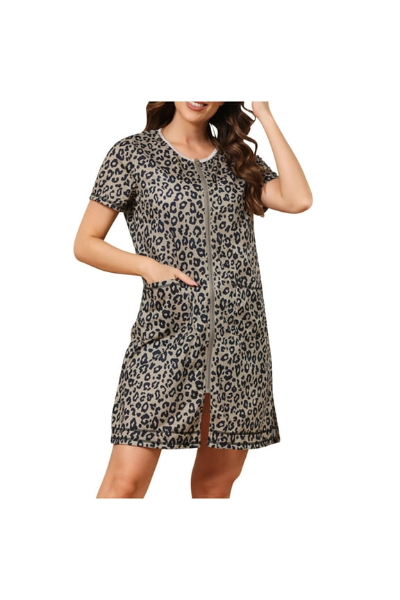 Women's Short Sleeve Robe Summer Full Zipper House Coat Leopard Comfy Soft Lightweight Zip Up Duster Robe with Pockets