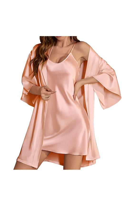 Women's Silk Robe Set V-neck 2 Piece Bridal Party Robes and Satin Bathrobe Set Pajamas Set Nightgown