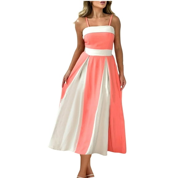 EINCcm Women's Spaghetti Strap Maxi Dress 2025 Summer Sleeveless Color Block A Line Flowy Party Long Dresses