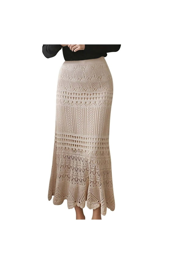 Women's Stretched High Waist Crochet Hollow Out Knit Flowy Patterned Lace Maxi Skirt Plus Size Wrap Long Skirts