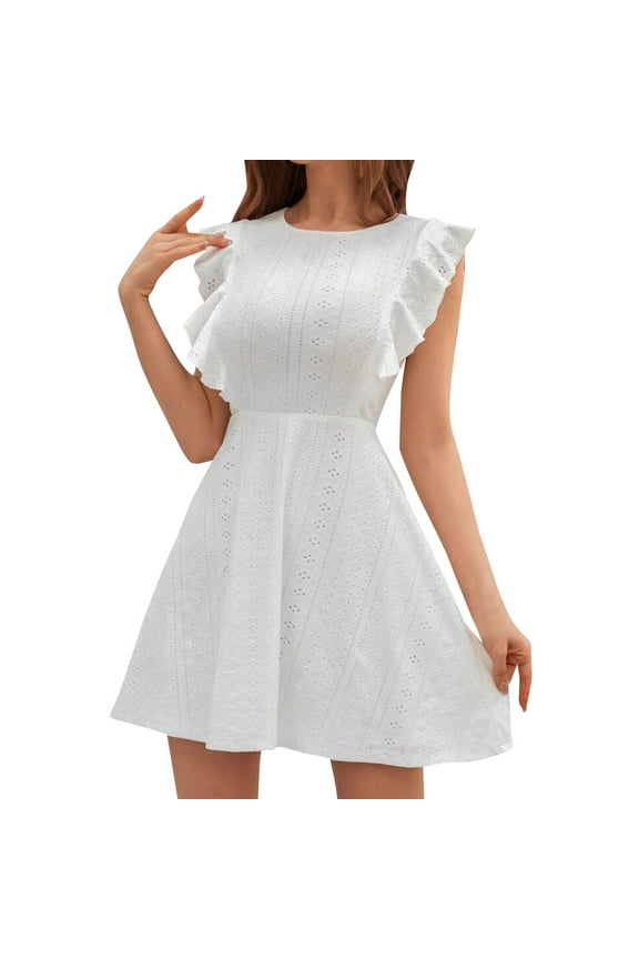 Women's Summer Casual White Dress Flutter Short Sleeve Dresses Elegant Flowy A Line Cut Out Boho Wedding Mini Dress