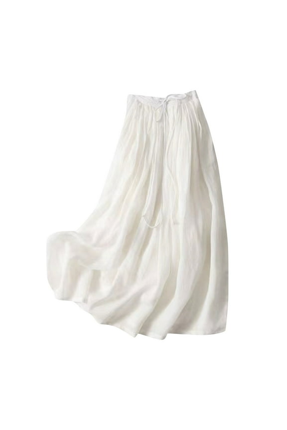 Women's Summer Cotton Linen Skirts Casual Tie Waist A-Line Long Flowy Skirt Soft Lightweight Beach Maxi Skirt