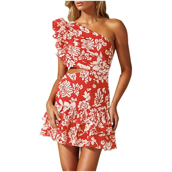 EINCcm Women's Summer Floral Wrap Dress Bohemian Strapless One Shoulder Ruffle Casual Short Sleeveless Beach Vacation Style Dresses