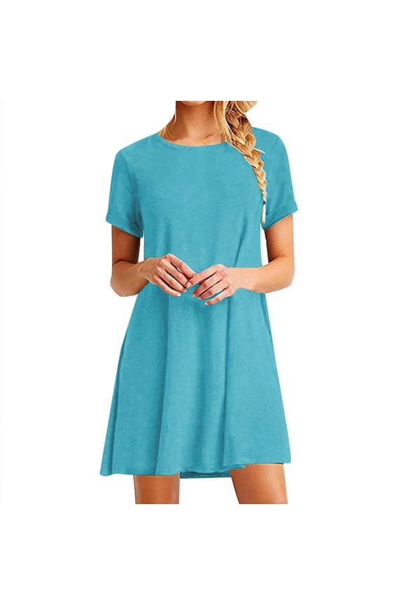 Women's Summer Mini Dress Crew Neck Short Sleeve High Waist Loose Tiered Flowy Knee Dresses