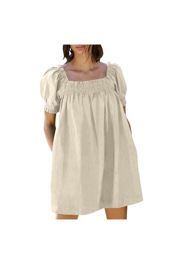Women's Summer Mini Dresses Square Neck Short Puff Sleeve Smocked Pleated Shift Loose Beach Party Short Dress with Pocket