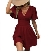 EINCcm Womens Summer Ruched Wrap Dress Short Flare Sleeve V Neck Dresses Casual Mini Sundresses