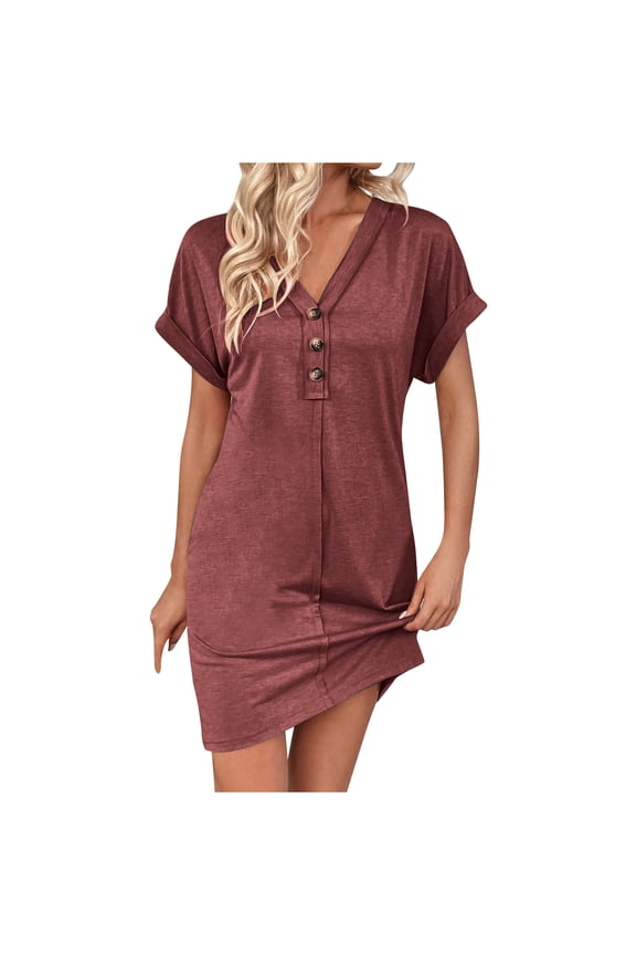 Women's Summer V Neck Button Down Dresses Casual Short Sleeve Basic Mini Dress Short Beach Dress