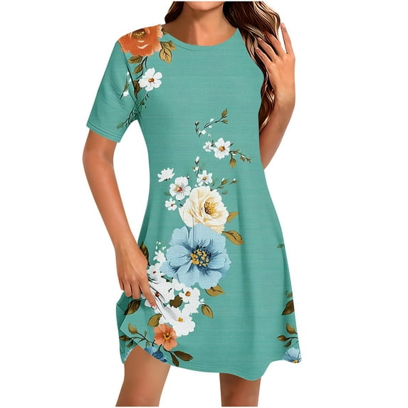 EINCcm Women's T Shirt Dress Short Sleeve Round Neck Spring Summer Casual Loose Flowy Swing Midi Tunic Dresses